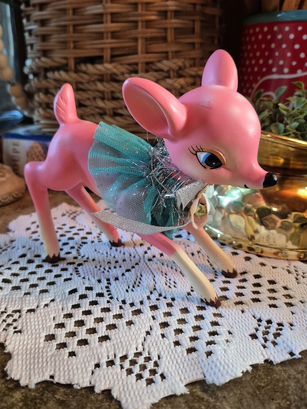 Retro-Style Pink Deer Teal Tulle Reminiscent Mid-Century Kitsch Vtg Christmas